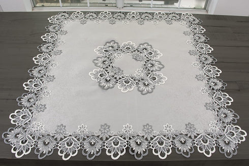 Linens, Art and Things Silver European Lace Table Topper, Small Antique Jacquard Fabric (34 Inch Square)