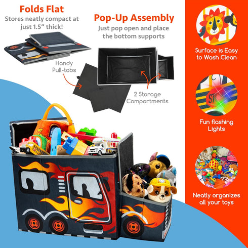 KAP Toy box for boys, Junior size, interactive Light up LED Toy chest, Children's Decorative Racing Truck Storage Bin