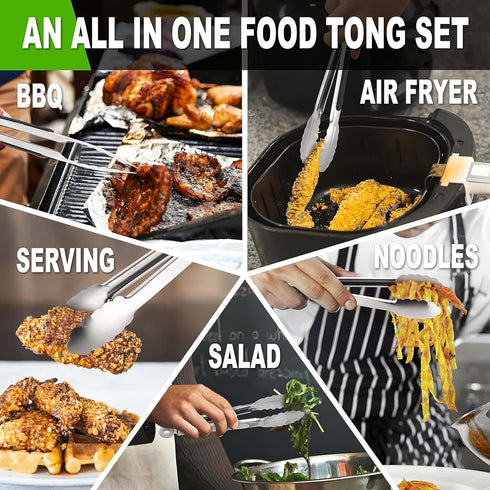 Anaeat Stainless Steel Locking Tong Set of 3 - Premium Kitchen Food Tongs with Non-Slip Silicone Tips for Cooking,