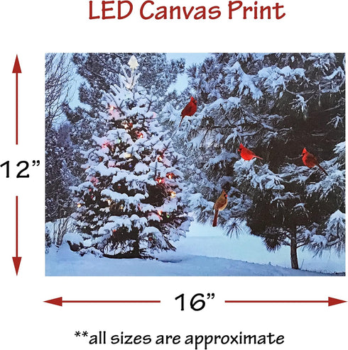 BANBERRY DESIGNS Lighted Christmas Tree & Cardinal Birds LED Canvas Print - Snowy Winter Scene Wall Art