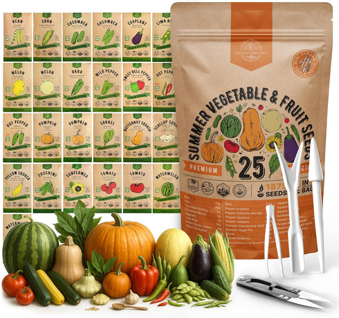 25 Summer Vegetable & Fruit Seeds Variety Pack - 1,870+ Non-GMO Heirloom
