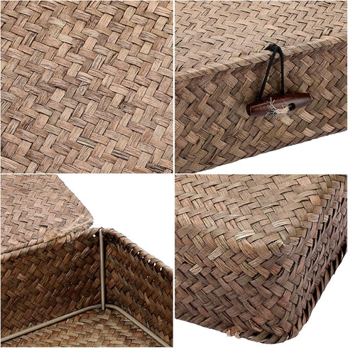 Hipiwe Flat Wicker Basket Bins with Lid - Set of 3 Handwoven Seagrass Storage Baskets, Multipurpose Home Organizer Bins
