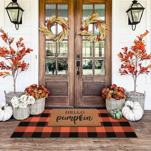 24'' 51'' Orange and Black Plaid Rug, x Fall Outdoor Front Door Decor Mat, Cotton Washable Hand-Woven Rug for Layered