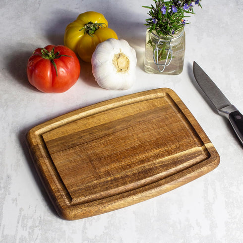 Acacia Wood Cutting Board, Small 8" x 6" x 5/8" with Juice Groove for Kitchen Use