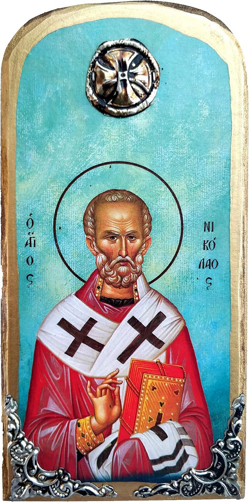 Wooden Greek Orthodox Icon of Saint Nikolaos Nicolas / OP10