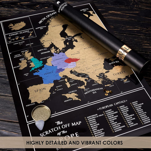 Scratch off Map of Europe, 24x16 Travel Map Poster with Cities, Large Black and Gold Push Pin Wall Map