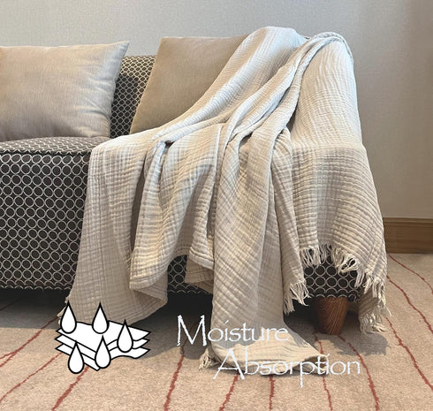 KyraHome 100% Organic Cotton Muslin Blankets, 50"x60" Lightweight Plant-Dyed Throw Blanket (Oatmeal Khaki)