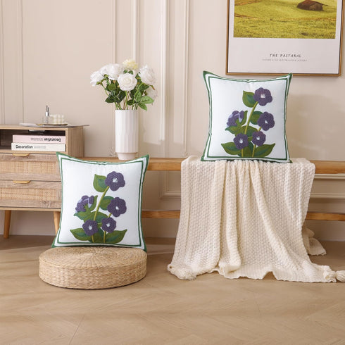 Set of 2 Embroidered Throw Pillow Covers 18x18 Inch, Purple Flower with Green Leaves for Living Room Sofa