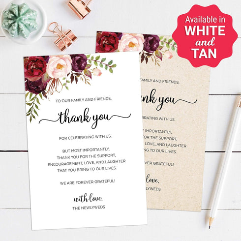 321Done Thank You Placecards for Wedding, Set of 50 Large 4" x 6" Table Setting Cards, Watercolor Red Roses