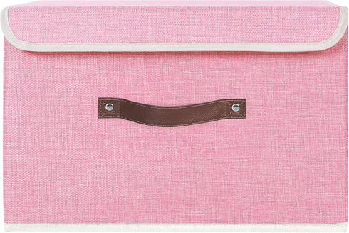 ANMINY Storage Bin with Lid Storage Boxes with PU Leather Handles PP Plastic Board Decorative Foldable Lidded Cotton Linen Fabric Home Cubes Baskets Closet Organizer Container - Pink, Large Size by ANMINY