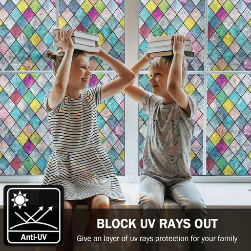 FEOMOS Colorful Lattice Window Privacy Film - Rainbow Glass Decals Stickers, Anti UV 17.3 x 78.7 inches