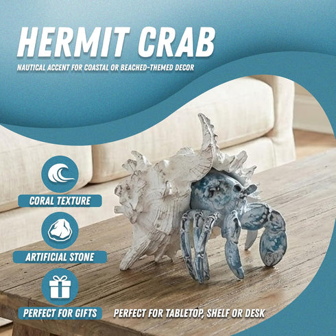Coastal Hermit Crab Decor Blue Nautical Beach Figurine with Shell for Shelf, Bathroom, Living Room, or Beach House
