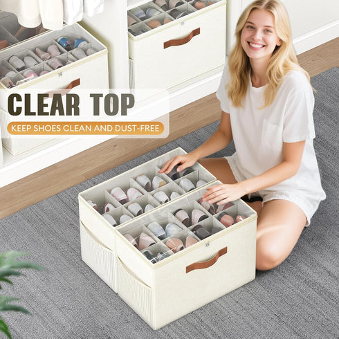 2 Pack Closet, 16 Budding Joy Shoe Organizer for Clear Foldable Shoe Storage Containers Adjustable Dividers Fits