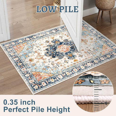 Vintage Rug 2x3, Washable Non-Slip Small Area Rug, Distressed Blue/Beige Print Door Mat for Entryway Kitchen