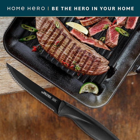 Home Hero Steak Knives Set - 8 Pcs High-Carbon Stainless Steel Serrated Knives with Ergonomic Handles (Black)