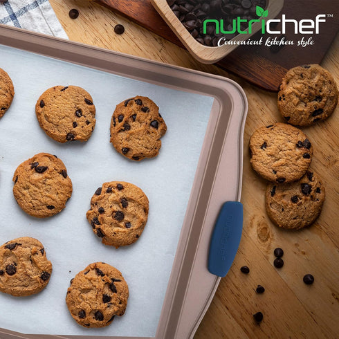 NutriChef Large Nonstick Cookie Sheet for Baking, 17" x 11" Carbon Steel Kitchen Oven Pan with Blue Handles