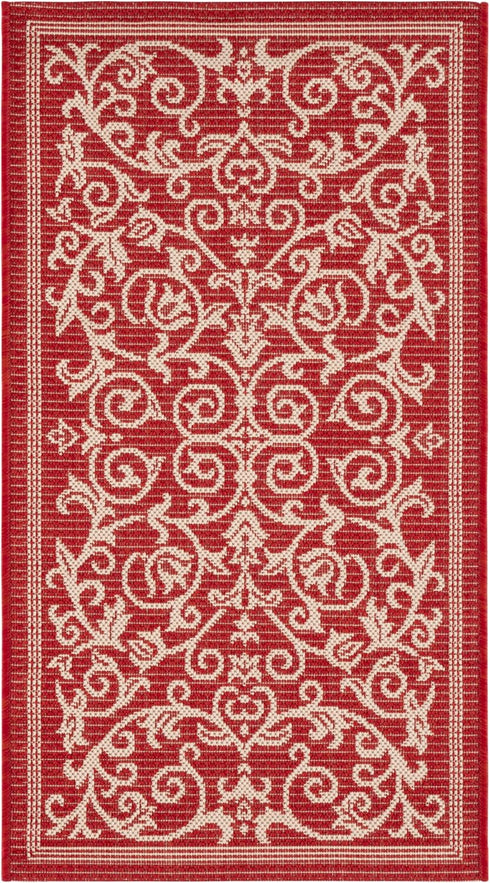 SAFAVIEH Courtyard Collection Accent Rug, 2' x 3'7", Red & Natural, Scroll Design, Non-Shedding, Indoor/Outdoor Washable
