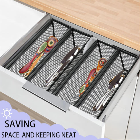 2PCS Drawer Organizer,Drawer Organizer for Kitchen,Utensil Mesh Drawer Organizer with Interlocking Arm for Cosmetic,Flatware,Pen (12 * 3 * 2 Inches,Black)
