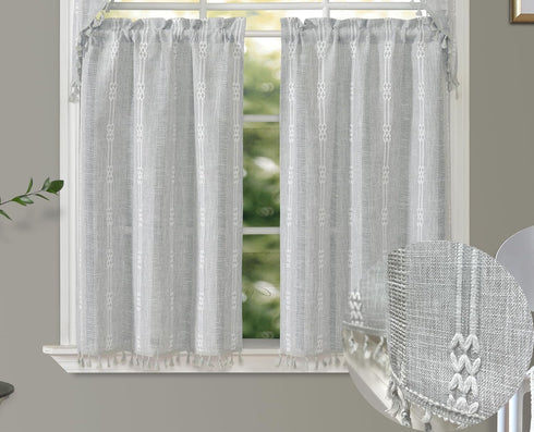 GOHD Country Road Tiers Kitchen Curtains, Boho Jacquard Stripe Tassel Bathroom Window Curtain, 3 Sizes, 100% Polyester
