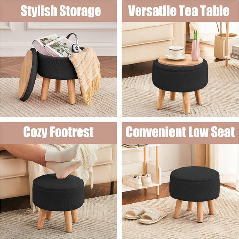 Poofzy Small Ottoman with Storage, Small Foot Stool Ottoman with Wood Legs, Sherpa Foot Rest for Couch, Living Room