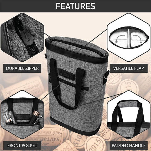 OPUX Insulated Leakproof Two Bottle Wine Bag Carrier - Portable Wine Case for Travel, Heather Grey