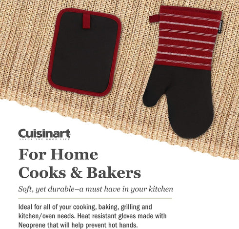 Cuisinart Neoprene Oven Mitts and Potholder Set, Heat Resistant Gloves with Non-Slip Grip, Red Dahlia