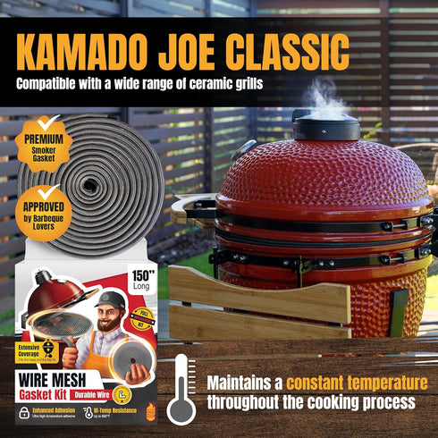 Wire Mesh Gasket Kit for Kamado Joe Classic - 150" Fiberglass Replacement Kit for Smoker Seal
