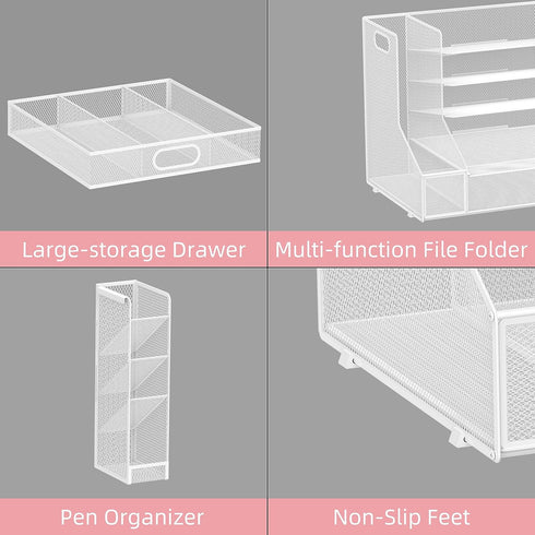 SUPEASY Desk Organizer with File Holder, 5-Tier Mesh Paper Letter Tray with Pen Holder and Drawer for Office Supplies