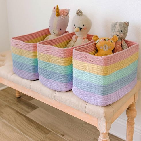 Set 3 15x9x10 OrganiHaus of Pastel Rainbow Baskets - Colorful Woven Storage Baskets for Playroom, Nursery & Classroom