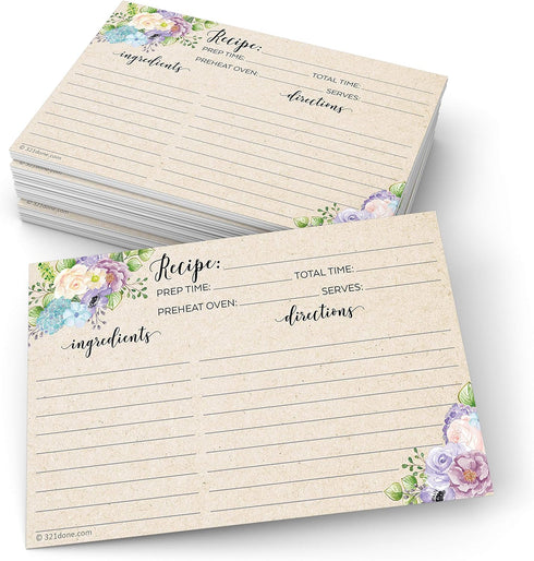 321Done 4x6 Floral Recipe Cards (Set of 50) - Thick Double Sided Premium Card Stock, Watercolor Flowers
