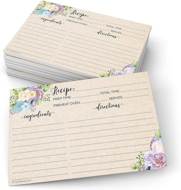 321Done 4x6 Floral Recipe Cards (Set of 50) - Thick Double Sided Premium Card Stock, Watercolor Flowers