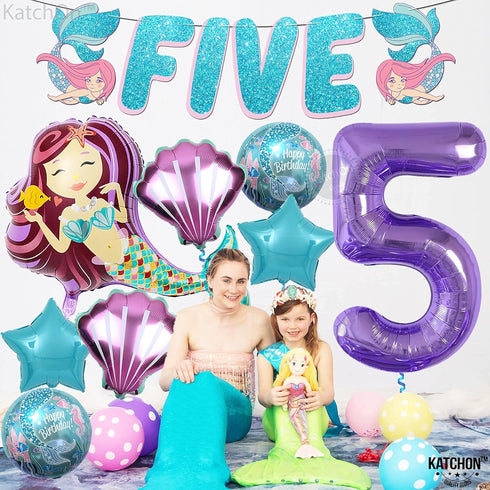 KatchOn Shiny Mermaid 5th Birthday Decorations - Pack of 9, Mermaid Balloons, Banners, Party Decorations