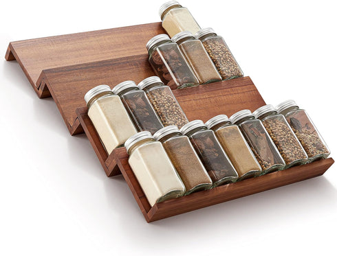 Wood Spice Drawer Organizer - Acacia Wooden Tray for Cabinet Storage, 4 Tier Spice Rack Organizer for 32 Jars (Pack of