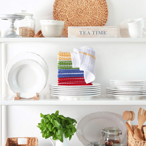Kitchen Dish Set of 16 - 100% Cotton Wash Cloths, Waffle Weave in 4 Colors for Cleaning by BH