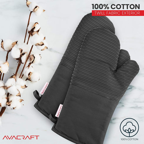 AVACRAFT Oven Mitts Pair, Flexible 100% Cotton with Heat Resistant Silicone, Thick Terry Cloth Interior, 500°F (Grey)
