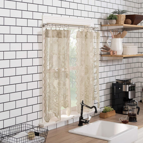 No. 918 Alison-Tr Floral Lace Sheer Rod Pocket Kitchen Curtain - Tier Pair, 58" x 36", Stone