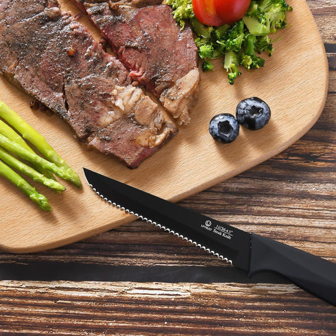 Steak Knives Set of 6, High-Carbon Stainless Steel Serrated Knives, Elegant Black, Dishwasher Safe