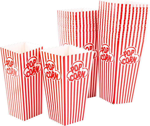 GSM Brands Popcorn Containers Boxes (100 Pack) - Striped White and Red Paper for Home Movie Theater