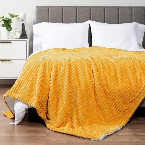 3D 50x60 inches PAVILIA Mustard Yellow Sherpa Fleece Throw Blanket for Couch, Soft Plush Fuzzy Blankets, Fluffy Flannel