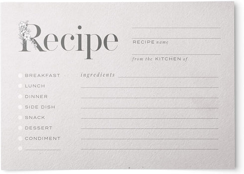 Rustic Vintage Floral Recipe Cards: 48 Cards, 4x6 inches, Beige-Grey, Water-Resistant and Double-Sided