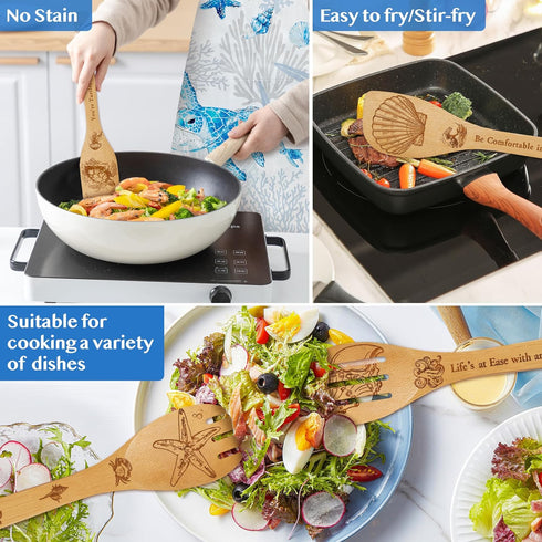 8 Set PCS Ocean Bamboo Kitchen Cooking Utensil Spoon with Apron Oven Mitt Potholder,Gift for Women Coastal Decor Beach