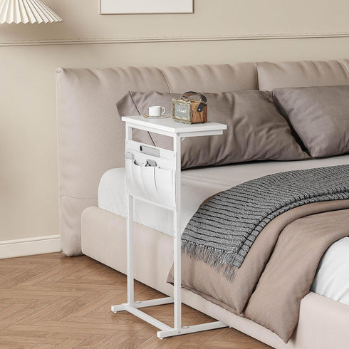 LET501W C Shaped End Table, Side Table for Sofa, Small TV Tray, Couch Table with Storage Bag for Small Space, Living