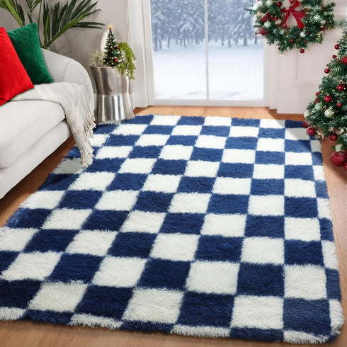 KICMOR 4x6 Navy Blue and Cream White Rugs for Living Room, Fluffy Fuzzy Shag Checkered Rug Shaggy Carpet for Bedroom