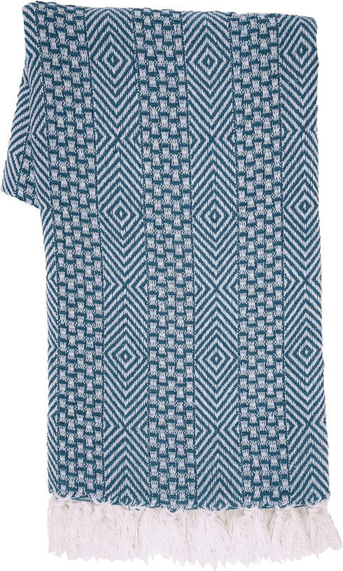 RAJRANG Rustic Throw Blanket - Decorative Tassel Cotton Throws, Geometric Woven Soft Patio Comfy Blankets Teal Blue