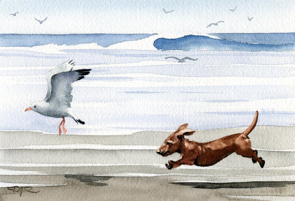 Dachshund At The Beach Art Print by Watercolor Artist DJ Rogers