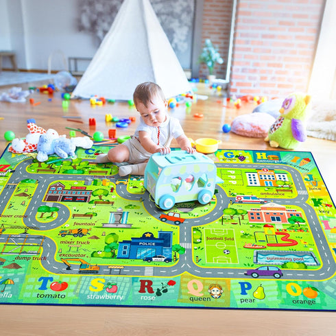 4x6 Chicrug Car Road Area Rug for Kids Playroom Bedroom, Non Slip Low Pile Washable ABC Alphabet Carpet for Classroom