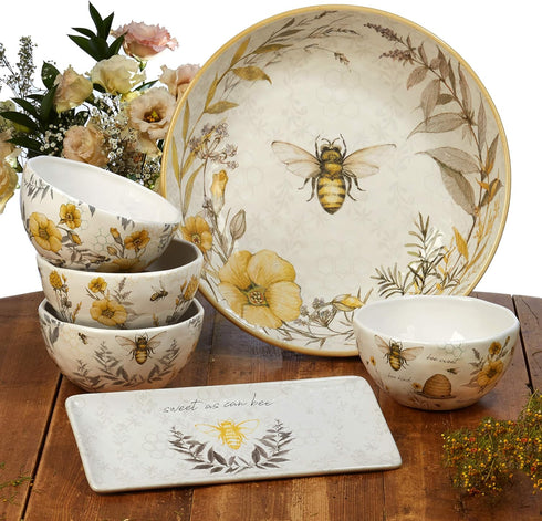 Set 4 6" Bee Sweet of Ceramic Ice Cream Bowls Farmhouse Bee & Floral Design, Perfect for Ice Cream, Cereal, Soup