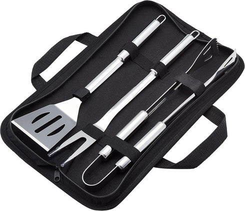 Amazon Basics 4-Piece Stainless Steel BBQ Grilling Tool Set with Carry Bag,