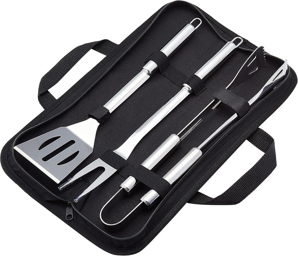 Amazon Basics 4-Piece Stainless Steel BBQ Grilling Tool Set with Carry Bag,