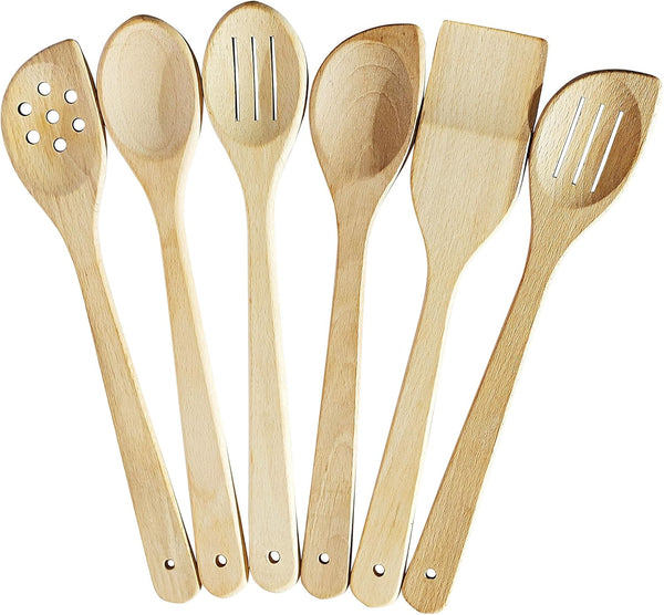 Healthy Wooden Spoons for Cooking, Set of 6, Safe Reliable Cooking Utensils, 100% Natural Nonstick Wood Spatula Spoon